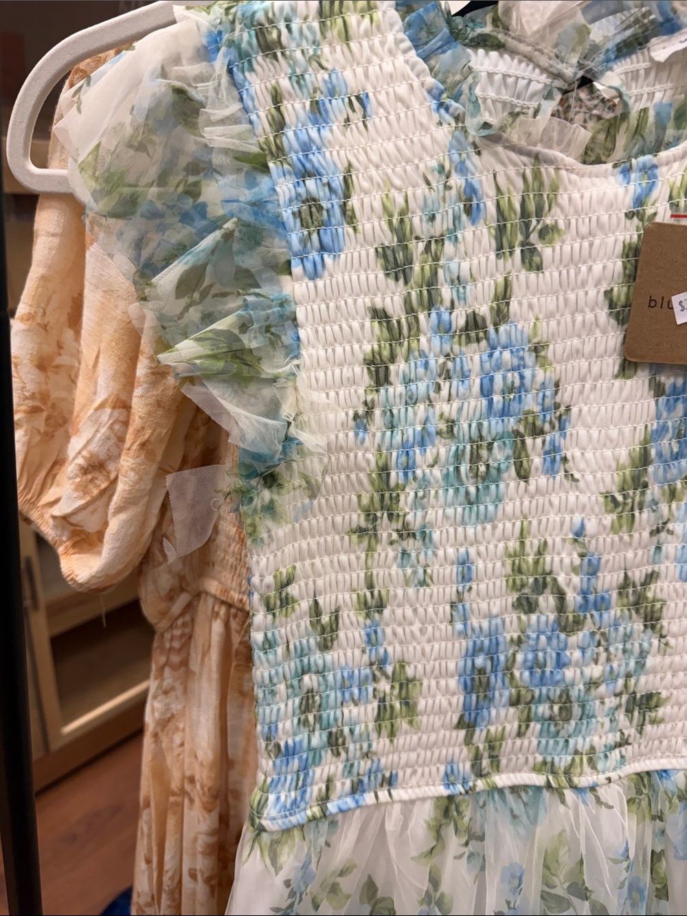 Blu Pepper White Floral Smocked Midi Dress with Blue and Green Print - Picture 2 of 4